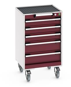 40402132.** Bott Cubio 5 Drawer Mobile Cabinet with external dimensions of 525mm wide x 525mm deep  x 885mm high. Each drawer has a 50kg U.D.L. capacity with 100% extension and the unit also features drawer blocking and safety interlocks....